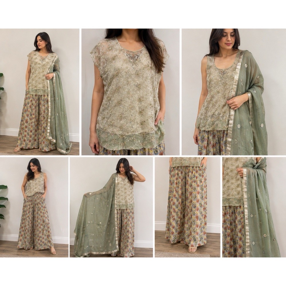 Pakistani Indian 4 Piece Embroidered Kurta Top Palazzo Pants Dupatta Sage Green